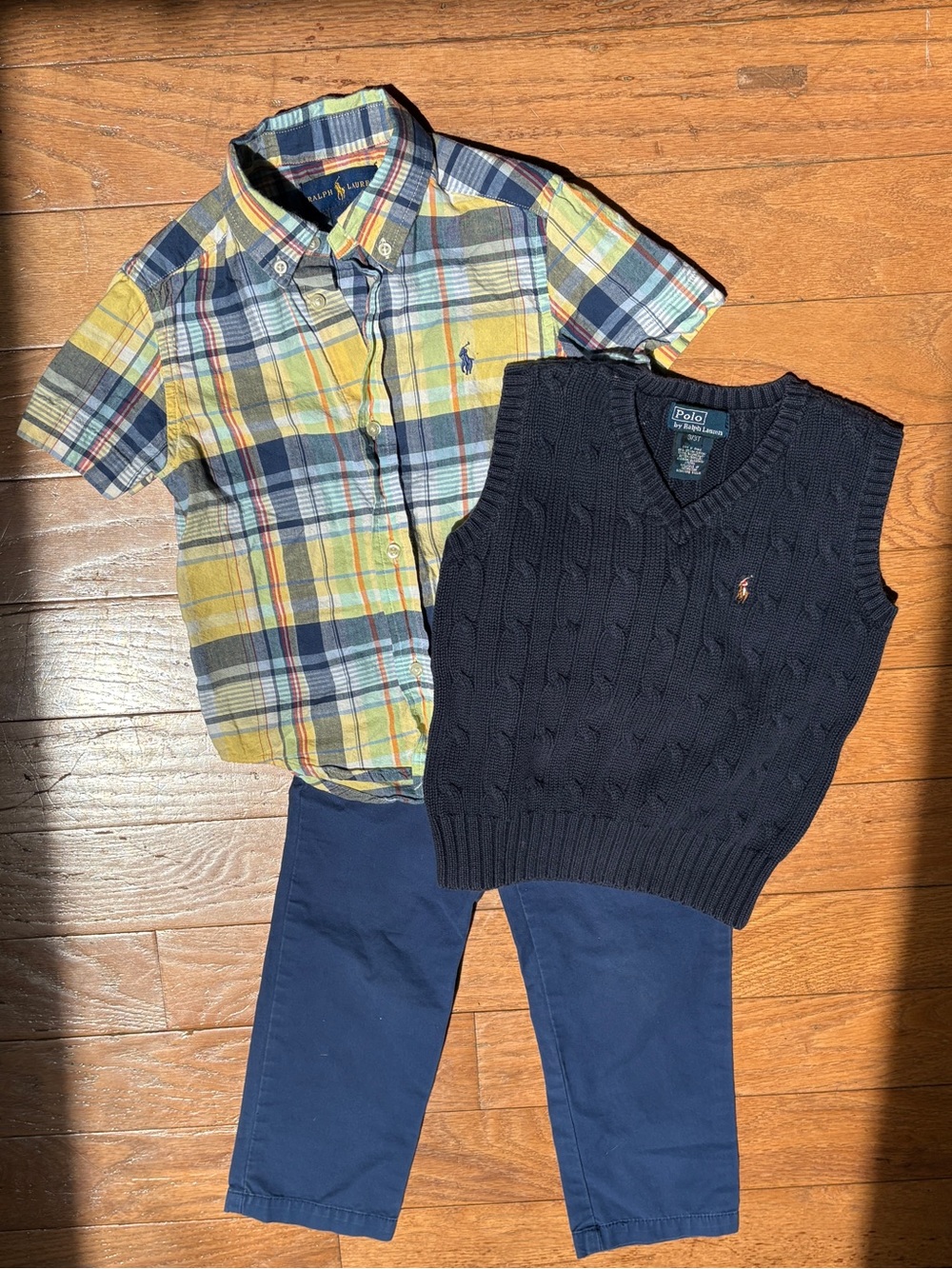 Ralph Lauren Boys 3T Preppy 3Piece Outfit Plaid Shirt, Sweater Vest & Navy Chino